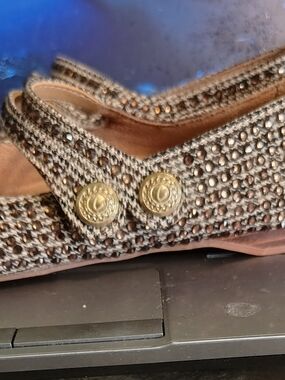 Woven Crystal-Embellished Mary Jane Flats in Brown